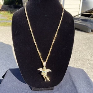 Gold Chain Rope Chain 24in 4mm and Icy Angel Charm Pendant Set - Picture 1 of 5