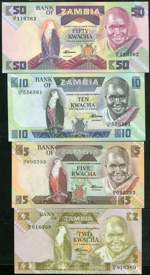 Mazuma *F830 Zambia 1980 2,5,10,50 Kwacha Total 4Pc (Random) Set UNC - Image 1 of 2