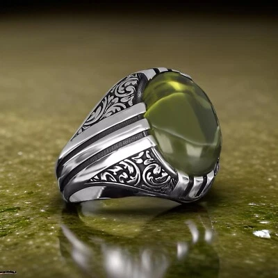 Anillo turco de plata esterlina 925 hecho a mano joyería peridoto verde para hombre talla 7-14 Foto 1 de 4