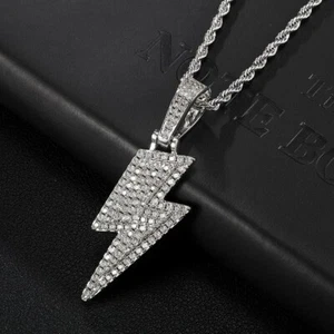 Collares collares colgantes Hop Hip Out hielo micro pavimentado circonita cúbica plata relámpago cadena cuerda de 20" - Imagen 1 de 7