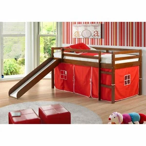 Espresso Wooden Junior Loft Bed with Slide Red Tent Twin Bunk Kids Play Area - Picture 1 of 2