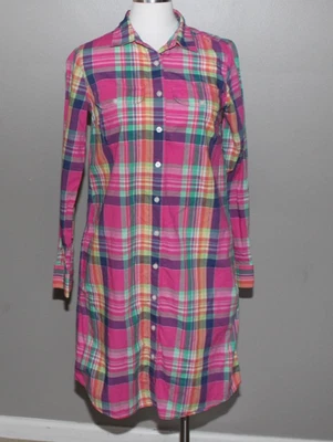 Lands End Madras Cotton Shirt Dress 2 Preppy Ivy League Style Pink Blue Yellow - Image 1 of 3