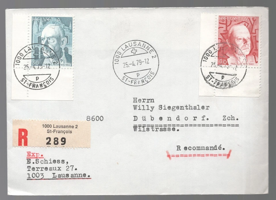 Suiza 1979 Thomas Mann Paul Klee retrato estampillas Lausana San Francisco cubierta Foto 1 de 1