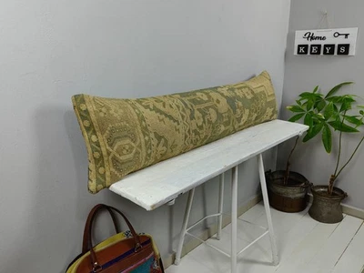 12x48 Green Kilim Lumbar Pillow, Turkish Wool Bolster, Boho Farmhouse Decor - Image 1 of 4