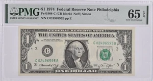 PMG Gem Unc 65 EPQ $1 1974 Philadelphia, PA US FRN Fr#1908-C *9886 - Picture 1 of 3