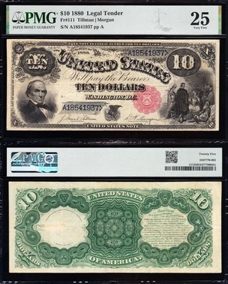 Bonito *RARO* Negrito y nítido en estado bastante bueno+ 1880 $10 "jackass" ¡Nota de curso legal de EE. UU.! PMG 25! Foto 1 de 3
