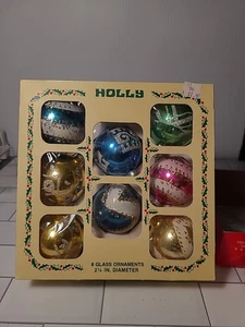 Vintage Stechpalme Glas Weihnachtsschmuck 1,75" 8er Set Hergestellt in den USA OVP K - Bild 1 von 6