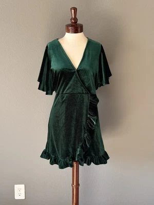 Vestido Jack BB Dakota verde esmeralda escuro veludo West Village tamanho grande G flutter - Imagem 1 de 4