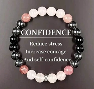 Confidence Pink Black Bead Bracelet Rose Quartz Rhodonite Moonstone Jewelry 8mm - Picture 1 of 3