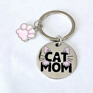 Cat Mom Keychain Pink Paw Charm, Stainless Steel Cat Lover Gift, Accessory - Picture 1 of 3