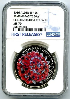2016 ALDERNEY £5 5PND GREAT BRITAIN REMEMBRANCE  POPPY NGC MS70 FIRST RELEASES ! - Image 1 of 2