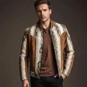 Mens Brown Suede Lambskin Leather Bomber Jacket Python Snake Texture Coat Jacket - Picture 1 of 5