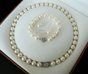 10mm Genuine White Round Shell Pearl Necklace Bracelet Earring Jewelry Set - Picture 1 of 12