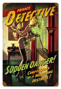 Sudden Danger - Vintage Pulp Blechschild, PINUP, NICHT SIGNIERT von Greg Hildebrandt - Bild 1 von 3