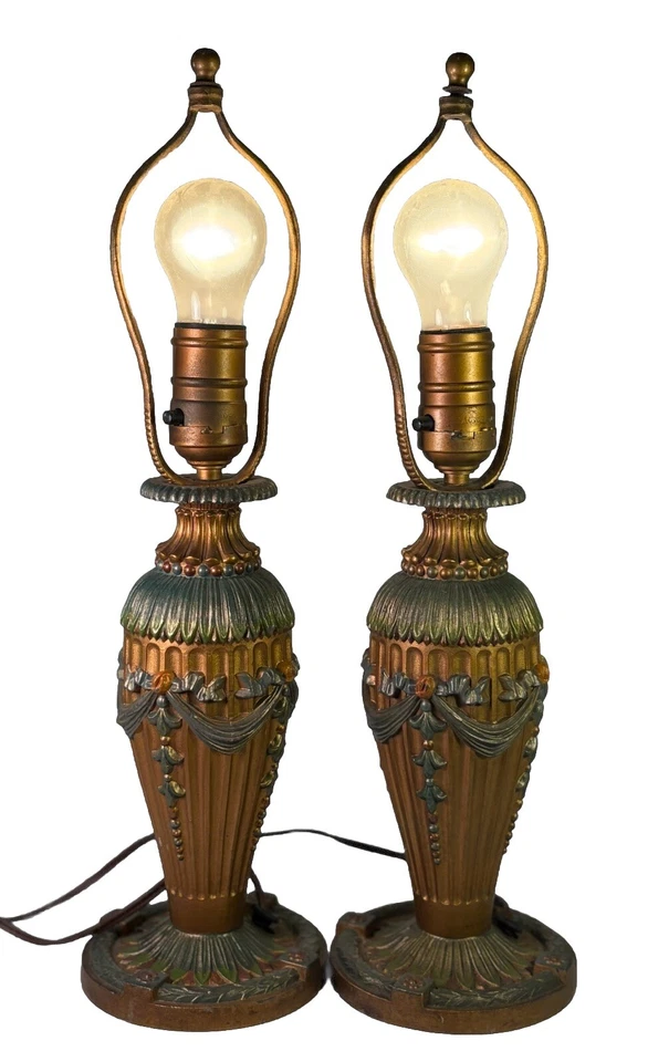 Vintage Pair Of 2 Art Deco Cast Iron Lamps With Ornate Floral Design WORKING!!! - Image 1 of 4