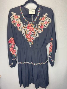 Savanna Jane Kleid Blumen bestickt Boho 3/4 Ärmel Cinch Manschette schwarz Größe M - Bild 1 von 8