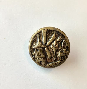 Vintage 3/4”Brass Metal Dutch Windmill Relief Picture Button - Picture 1 of 2