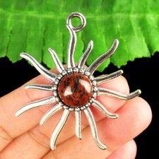 Obsidian Sun Pendant Bead R53094 Carved Tibetan silver Wrapped Mahogany