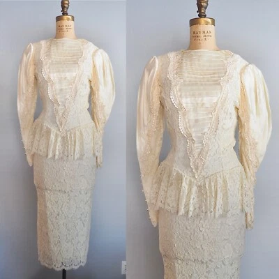 Vestido de novia JESSICA MCCLINTOCK de encaje satinado años 80 estilo victoriano vintage verdadero Foto 1 de 4