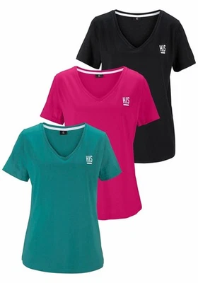 H.I.S Damen T-Shirts 3er Pack V-Ausschnitt schwarz - pink - grün NEU - Bild 1 von 4