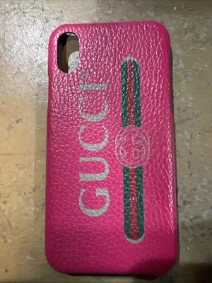 Capa telefone GUCCI unissex logotipo GG couro rosa quente iPhone X - Imagem 1 de 3