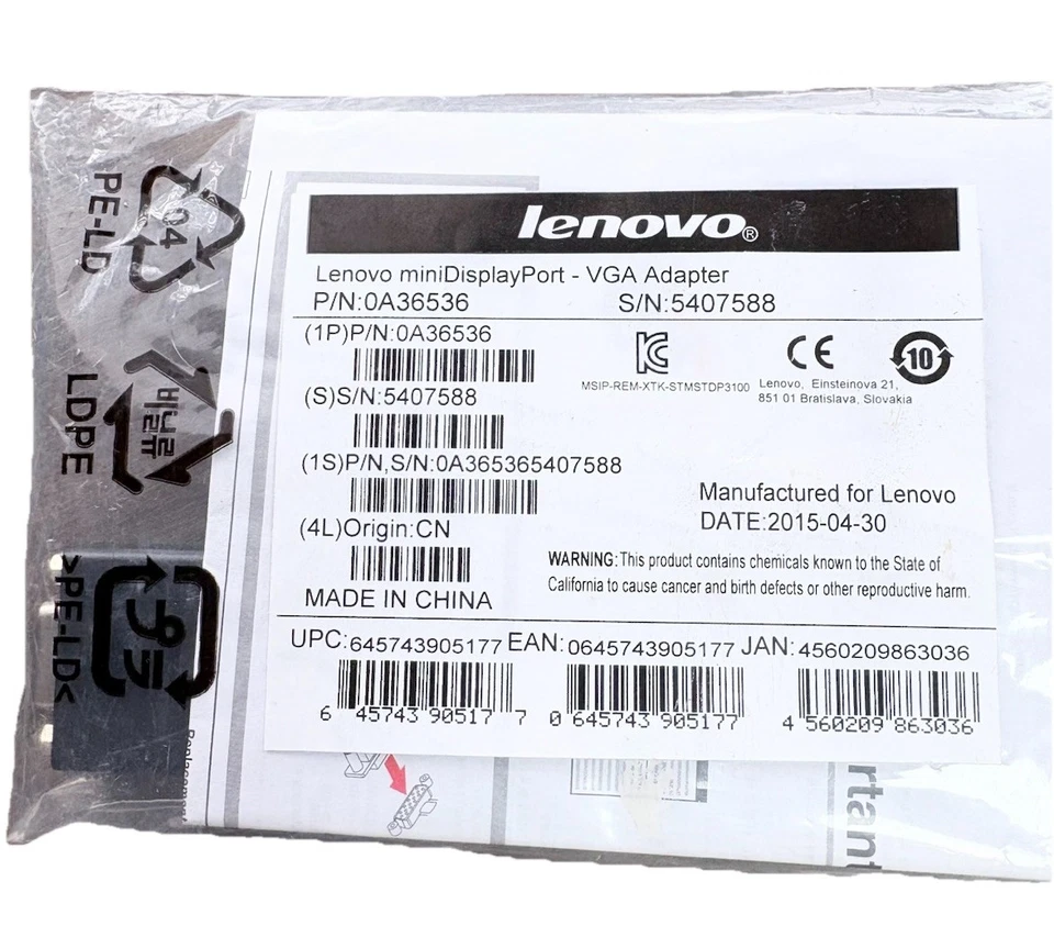 Genuine Lenovo miniDisplayPort to VGA Adapter Brand New Sealed  0A36536 - Image 1 of 4