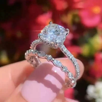 Conjunto de anillo de compromiso nupcial de moissanita corte cojín de 3,00 quilates de oro blanco sólido de 14 quilates Foto 1 de 4