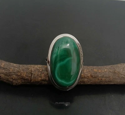 Anello in argento sterling 925 con pietre preziose in malachite naturale misu... - Immagine 1 di 4