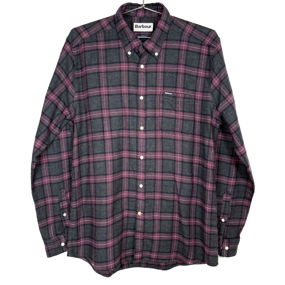 Camisa de franela Barbour para hombre gris medio púrpura a cuadros con botones ajuste a medida Foto 1 de 4