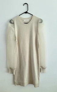 Idem Ditto Cream Sweater Dress Women Size L Organza Sheer Puff Sleeves Stretch - Picture 1 of 8
