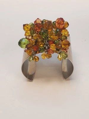 Gorgeous Amber And Green Color Cuff Bracelet With Glass Beads And Metal Band   - Image 1 of 4