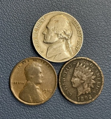 U.S. Collectible Coins - 1892 Indian Head Cent, 1910 Wheat Cent, 1947-D Nickel - Image 1 of 2