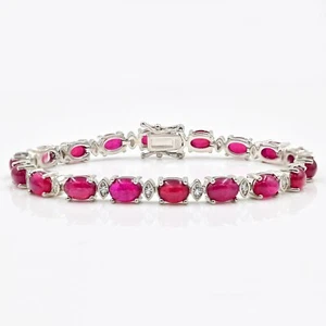 19.45 Cts Natural 7x5 MM Ruby Cabochon 925 Sterling Silver Women Tennis Bracelet - Picture 1 of 10