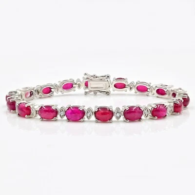 19.45 Cts Natural 7x5 MM Ruby Cabochon 925 Sterling Silver Women Tennis Bracelet - Image 1 of 4