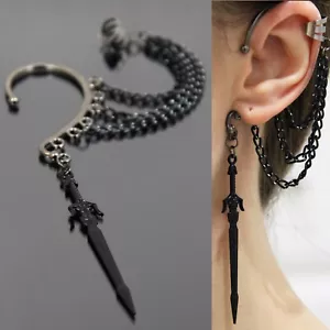 Black Sword Earring Goth Cuff No Piercing Wrap Halloween Pirate Cosplay Jewelry - Picture 1 of 20