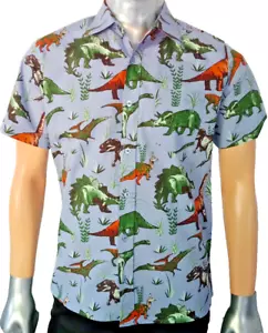 Run & Fly Men's Dinosaur Adventure Print Short Sleeve Shirt Retro - Picture 1 of 2