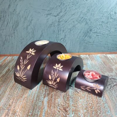 Juego de Candelabros Florales de Madera Boho Chic/3 - Trío de Luces de Té Arco Tallado a Mano Foto 1 de 4