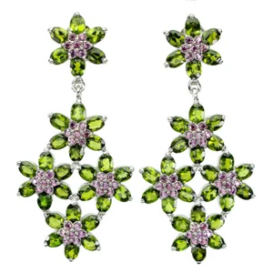 925 Sterling Silver Earrings Oval Chrome Diopside Rhodolite Gemstone Jewelry - Picture 1 of 10