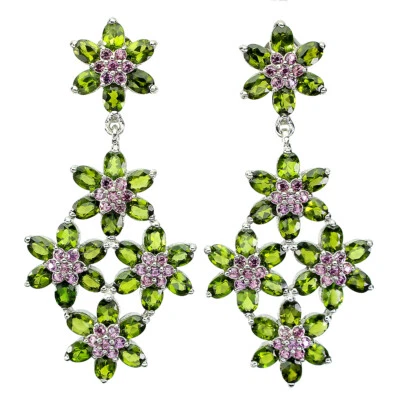 925 Sterling Silver Earrings Oval Chrome Diopside Rhodolite Gemstone Jewelry - Image 1 of 4