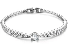 Acabado en oro blanco creado diamante corte redondo solitario diseño brazalete regalo caja - Imagen 1 de 5