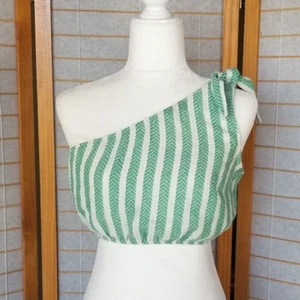Quzu One-Shoulder Crop Top Linen Green Stripe Size Small - Picture 1 of 9