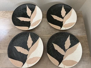 Crate & Barrel Lush Plates Set Of 4 Salad Dessert Tan Black Cream Leaves 8.5” - Picture 1 of 9