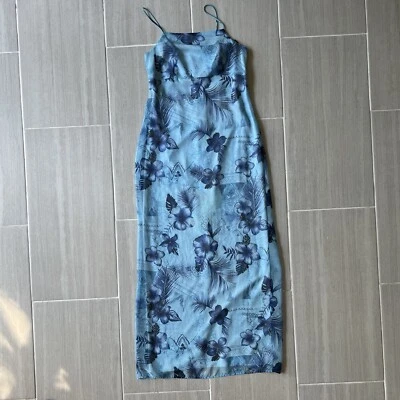 Vtg Floral Maxi Dress 90s Sz 3/4 Blue Floral Y2K Fairy Tropical Hawaiian Travel - Image 1 of 4
