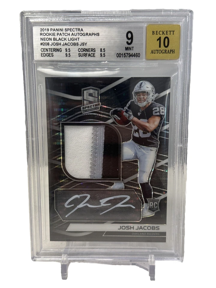 2019 Spectra Rookie Patch Autograph Neon Black Light Josh Jacobs /10 #208 BGS 9 - Image 1 of 2