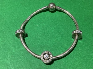 ORIG STERLING SILVER 925 ALE Pandora Charm Bracelet 7.5" +Allure & 2 PAVE CHARM - Picture 1 of 11