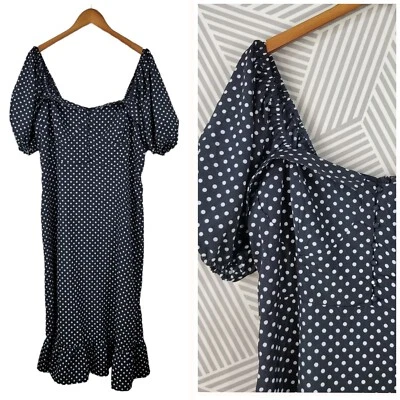 Vestido Boohoo Talla 14 Fiesta Polkadot Largo Midi Capas Gasa Volantes Negro Blanco Foto 1 de 4