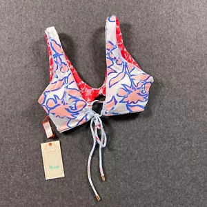 Maaji Reversible Bikini Top Hot Pink Coral Pale Blue Royal Floral Tie Size Small - Picture 1 of 18