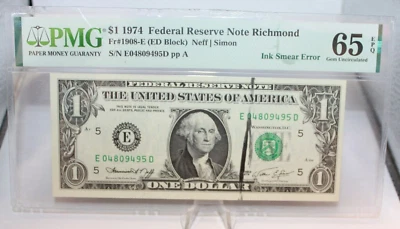 PMG 1974 $1 Federal Reserve Note Richmond Ink Smear Error GU65EPQ [103WEJ] - Image 1 of 4