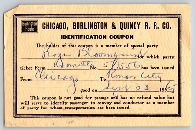Burlington CBQ 1965 Special Party ID Coupon Illini Railroad Club Bloomquist* - Image 1 of 2
