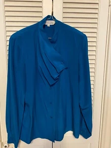 Teal Blue 100% Silk Blouse Unique Draped Front, Size M Excellent Condition - Picture 1 of 4